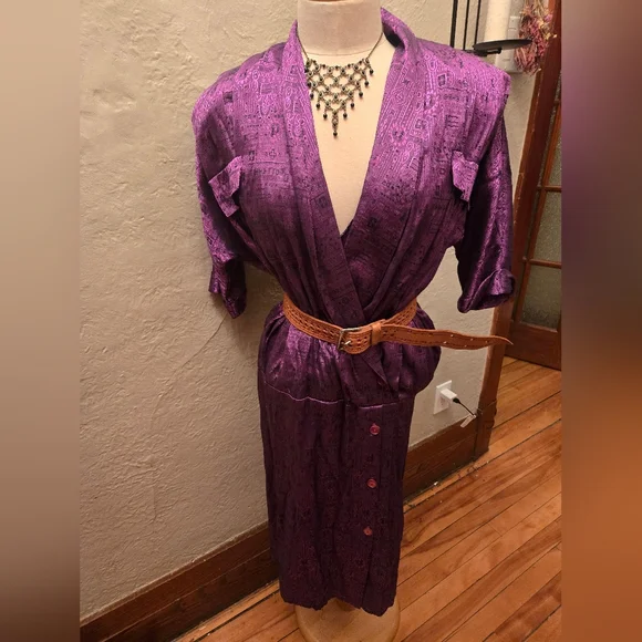 Vintage Dan Vali Silk Dress Purple Metallic Midi Belted Statement Canada - Picture 2 of 11